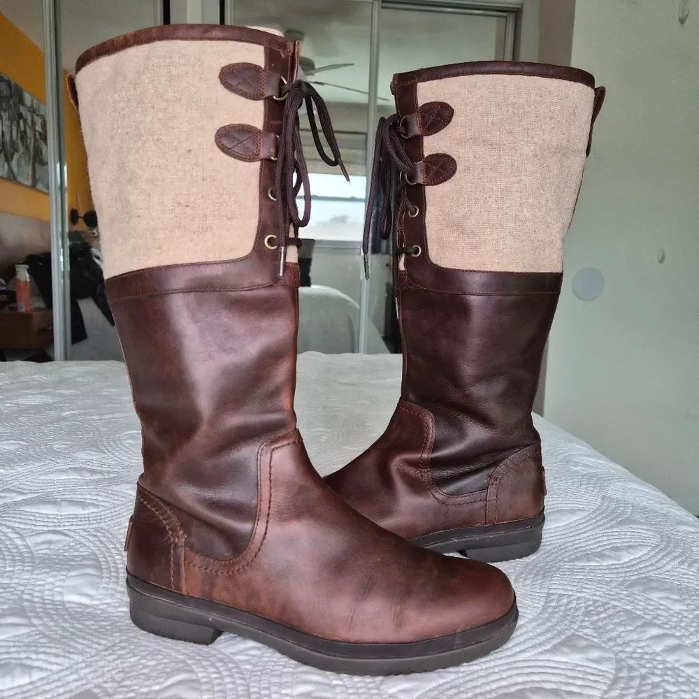 VGUC UGG Elsa Tall Leather Boot Brown Cream size 8